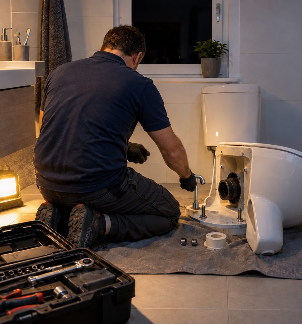 Artisan NJ Sanitaire en intervention d'urgence sur un WC, de nuit